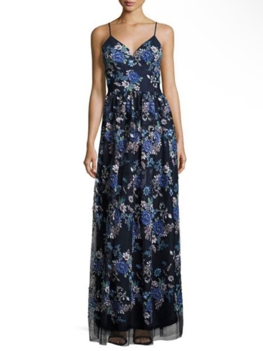 Nicole Miller Floral Applique V Neck Dress Navy Blue Size 8